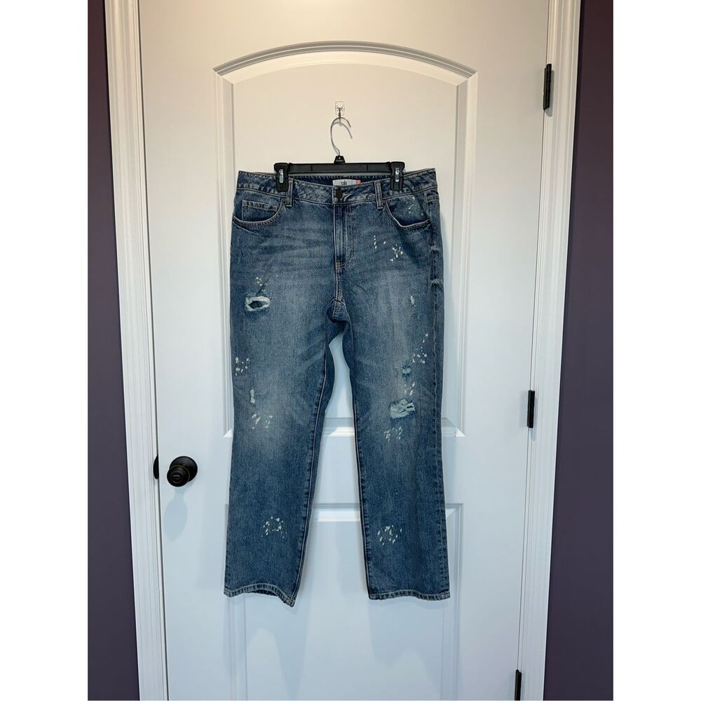 CAbi Women's Boyfriend Jeans in Faded Blue with Distressed Detail